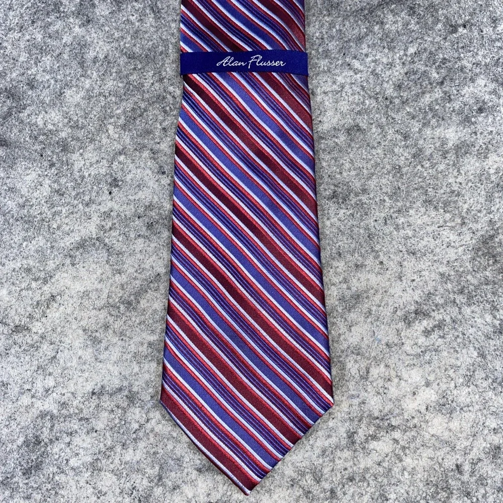ALAN FLUSSER Striking Red Blue‎ Diagonal Striped Men's Silk Necktie 3.75